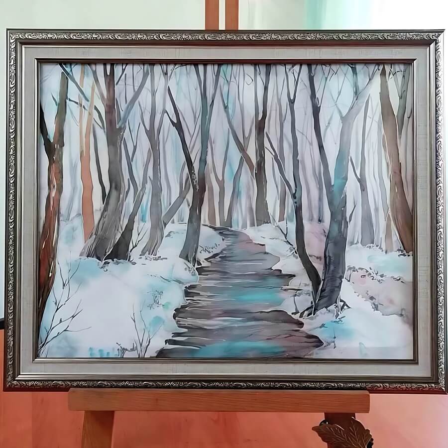 Зимний пейзаж на шелке